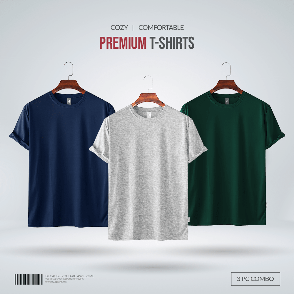 Fabrilife Men's Premium 100% Cotton Blank T-Shirt - Navy, Gray Mellange, Green